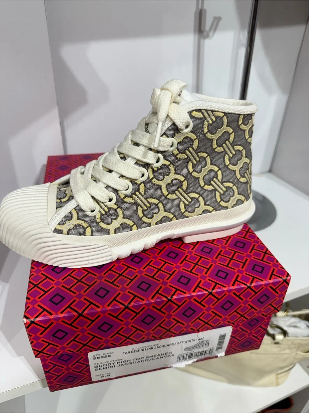 Tory Burch Gray and Cream Patterned High-Top Sneakers